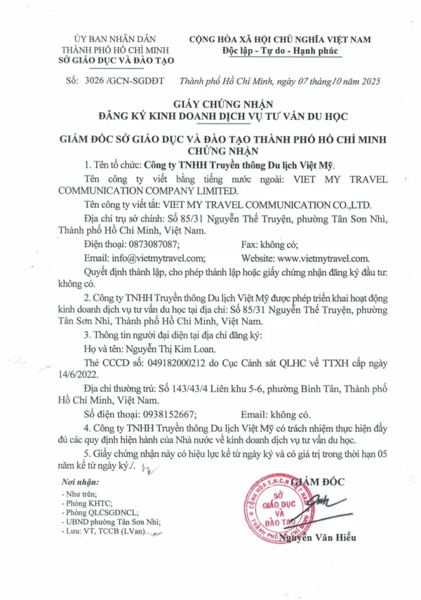 Giấy chứng nhận tư vấn du học
